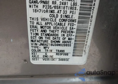 2009 Nissan Murano Sl z USA, uszkodzony, nr VIN JN8AZ18U39W028655